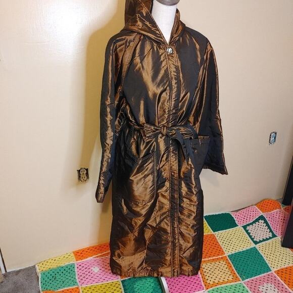 Newsport News Size 12 Bronze Shiny Long Acetate Nylon Coat Button Vintage Brown - Picture 6 of 16